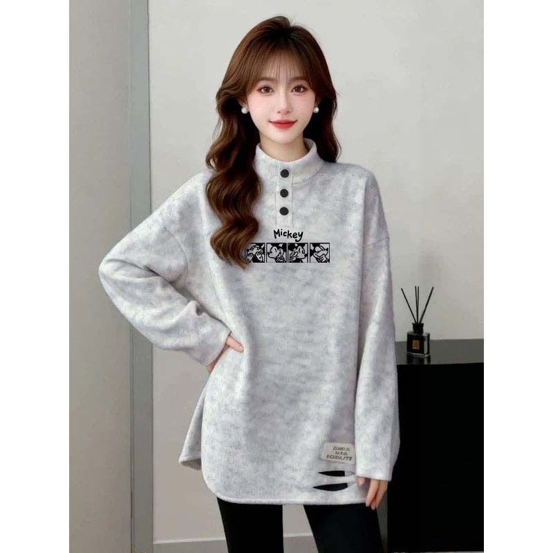 德绒半高领保暖打底衫秋冬季款中长款简约字母印花女士白灰色t恤