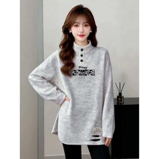 德绒半高领保暖打底衫秋冬季款中长款简约字母印花女士白灰色t恤