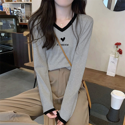 2025早秋新款纯棉V领别致打底小衫撞色低领内搭灰色显瘦长袖t恤女