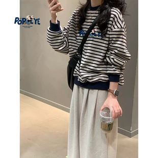 洋气加绒宽松百搭圆领上衣秋 时尚 条纹撞色套头卫衣女新款 2025爆款