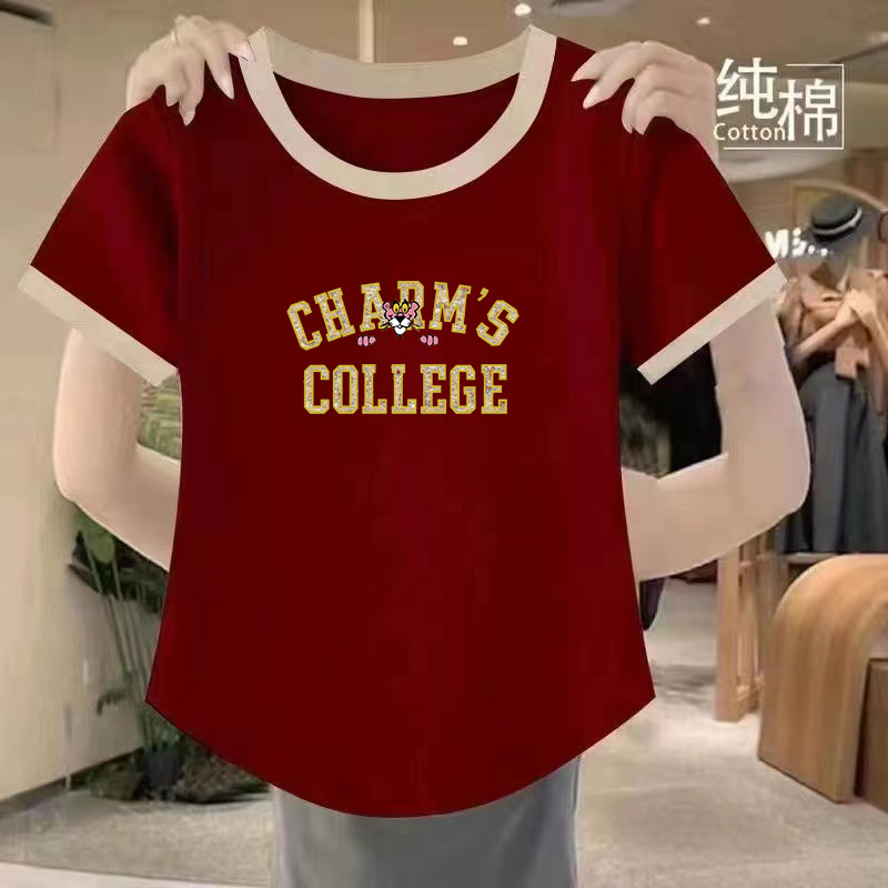 正肩酒红色不规则弧形短袖T恤女2025夏季新款宽松百搭显瘦上衣ins