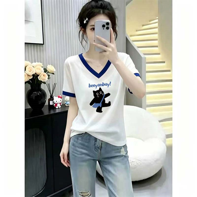 简约风竹节棉低领短袖t恤女夏字母印花上衣服宽松显瘦透气薄体恤图片