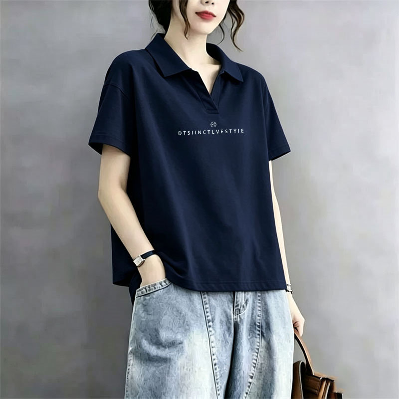 藏蓝色POLO领棉质短袖t恤女夏2026款宽松显瘦打底衫美式正肩上衣