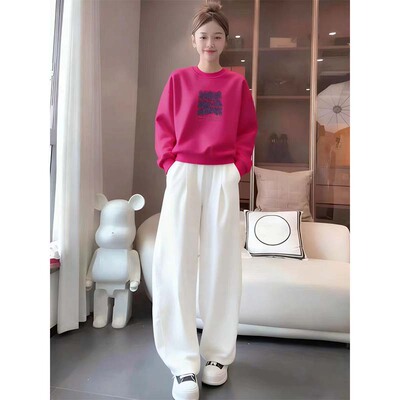 玫红色春秋宽松卫衣女韩版慵懒风小个子短款冬季加绒加厚女款上衣