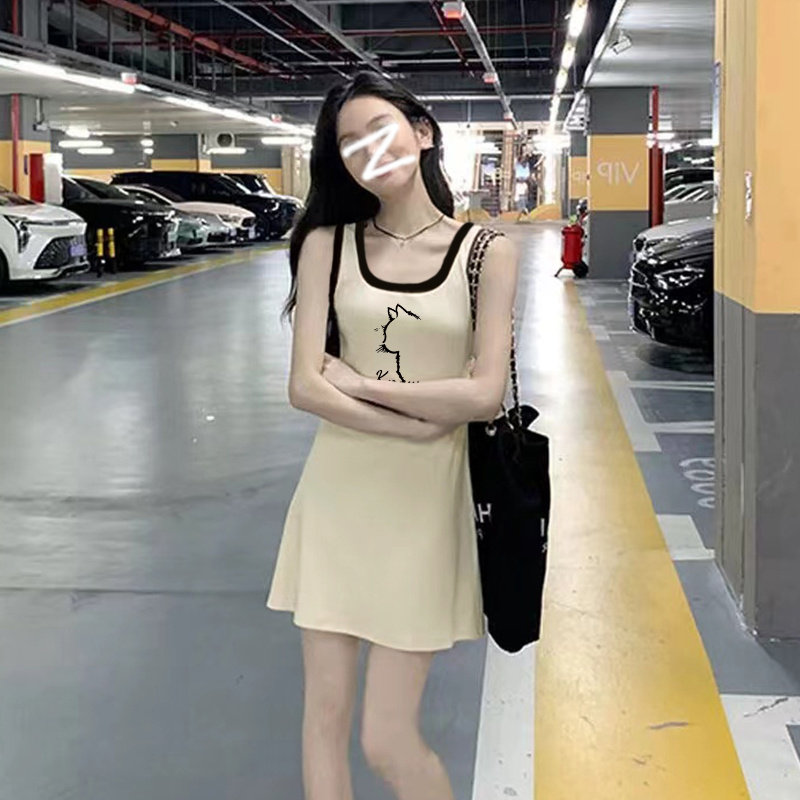 无袖杏色吊带连衣裙子女夏季短款背心裙修身显瘦气质中长裙打底衫图片