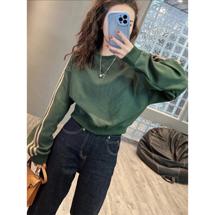 绿色圆领套头卫衣女短款薄款2025春秋新款欧货宽松加绒小个子上衣