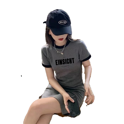 2025新款小个子法式连衣裙女夏季小众设计气质休闲显瘦灰色t恤裙