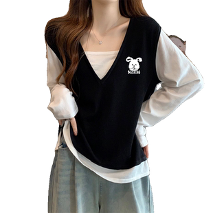 大码女装假两件拼接正肩长袖t恤胖mm秋季遮肚显瘦独特超好看上衣