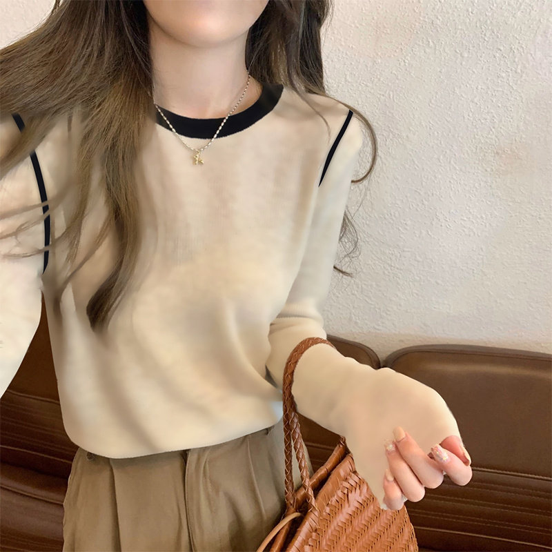 杏色印花通勤长袖T恤女2025年秋装新款时尚洋气显瘦磨毛打底上衣