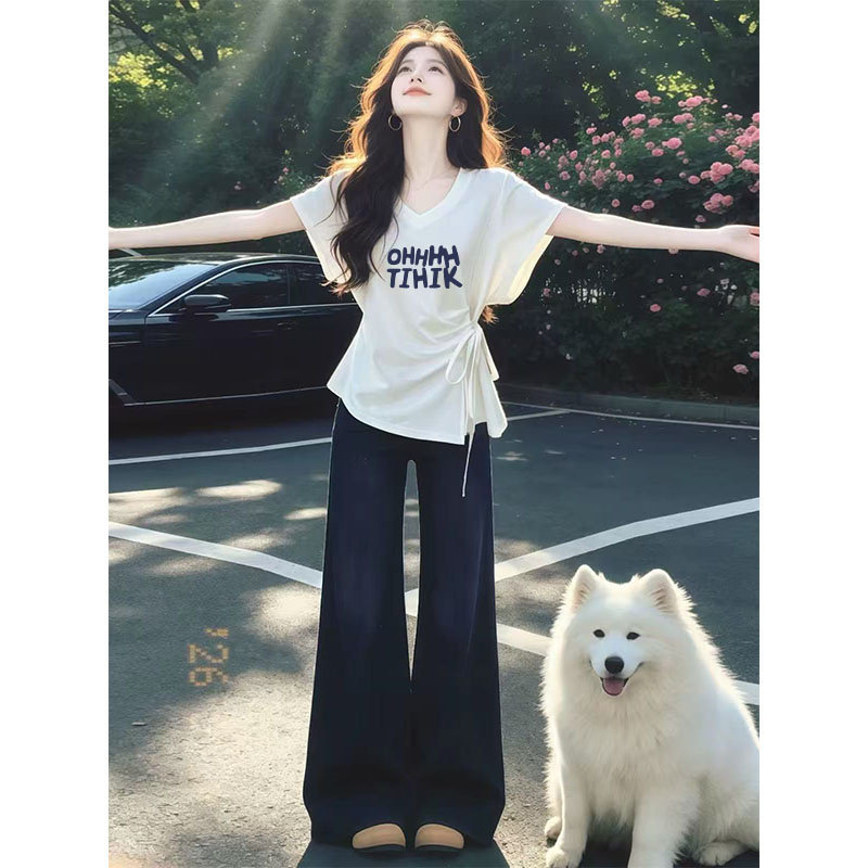 白色V领收腰显瘦短袖T恤女夏装慵懒风设计感绑带简约夏季清新穿搭