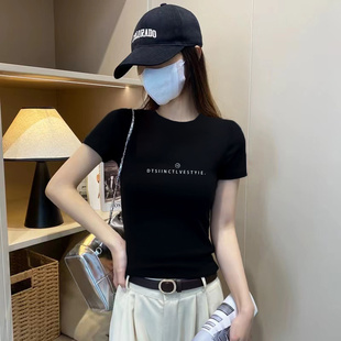 高腰正肩圆领简约修身 时尚 短款 百搭印花短袖 上衣潮ins T恤女夏季