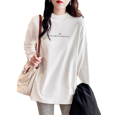 半高领磨毛中长款打底衫女秋冬高级感外穿内搭磨毛加厚长袖t上衣