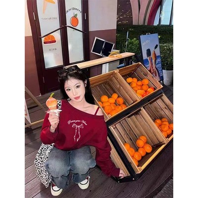 斜肩长袖卫衣女秋季慵懒风女款吊带漏肩短款酒红色慵懒风辣妹上衣