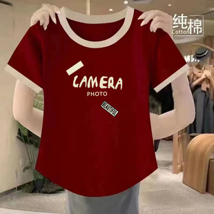 不规则上衣短款 纯欲风圆领弧形下摆短袖 纯棉修身 t恤女ins夏季 新款
