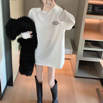 纯棉秋冬新款白色长袖t恤女加绒加厚上衣宽松中长款大码ins打底衫