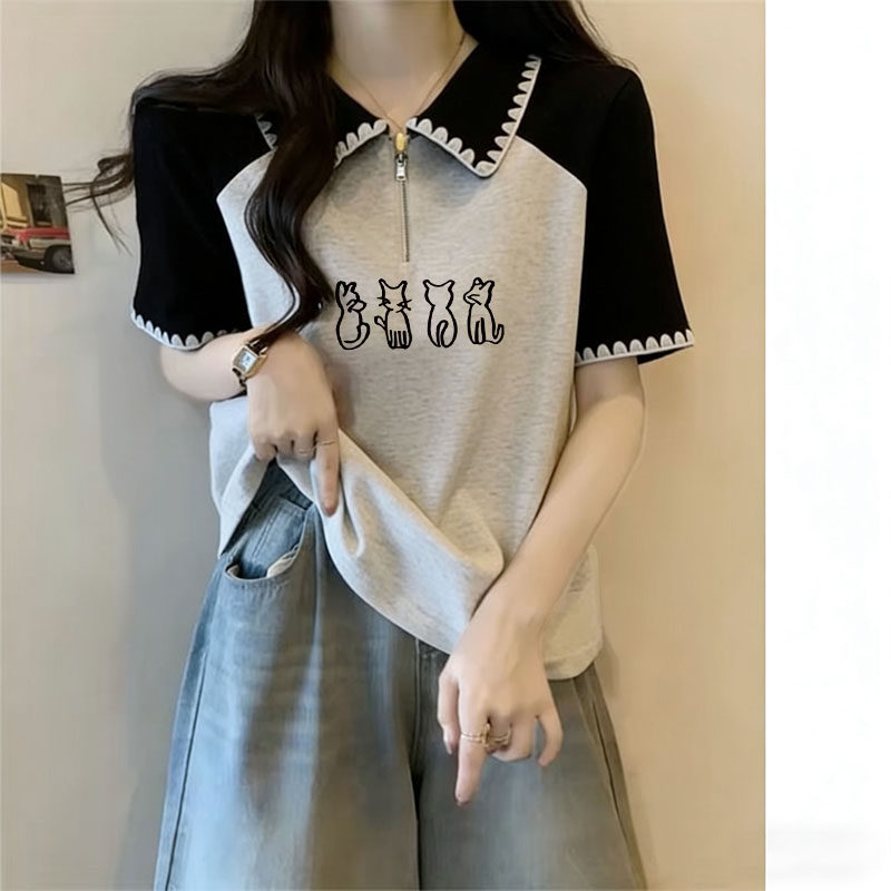 学院风拼接撞色翻领短袖T恤polo衫女生夏季美式花边宽松漂亮上衣