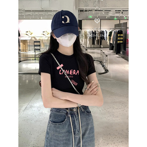 正肩短袖t恤女夏季纯棉2025新款短款显瘦洋气减龄百搭半袖上衣女