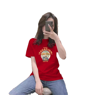 大红色纯棉短袖t恤女夏季休闲宽松磨毛款纯色oversize打底衫上衣