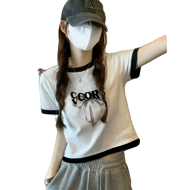 欧货撞色短袖女t恤纯色高级感夏季美式短款高腰白色圆领百搭上衣