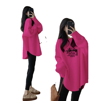 弧形下摆t恤女纯棉玫红色中长款宽松弧形打底衫洋气内搭上衣秋冬