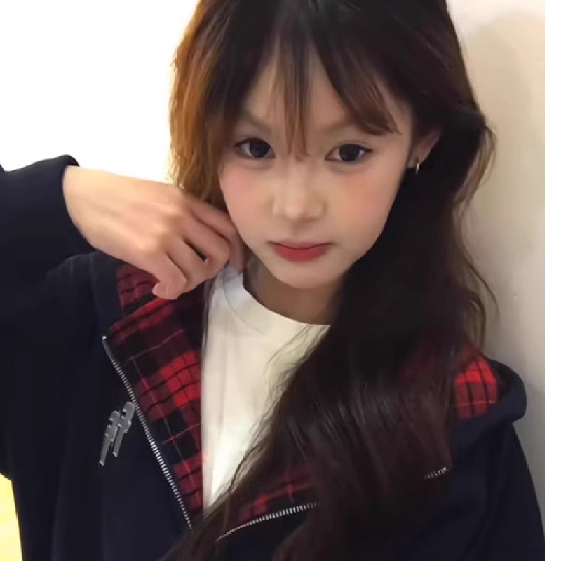 春季美式复古格子拼接连帽卫衣外套女2025开衫春秋款慵懒风上衣
