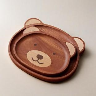 可爱点心盘家用儿童早餐盘 整木黑胡桃实木卡通熊托盘甜品盘子日式
