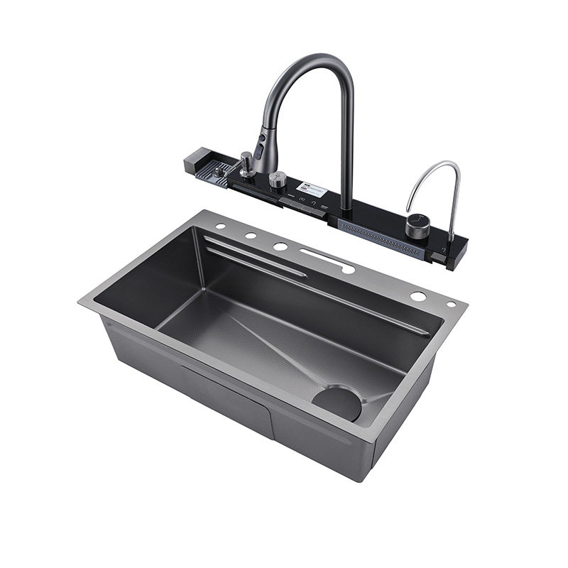 鲸鱼水槽 单槽纳米黑色蜂窝LED数显飞雨304厨房不锈钢水槽洗菜池,家装主材,水槽下水器,淘宝优惠券,粉丝福利购,淘宝优惠卷