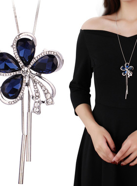 奥特莱斯撤柜韩版百搭毛衣链长款流苏花朵水晶项链女大气衣服挂件