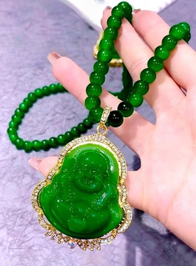 奥特莱斯撤柜仿翡翠绿色笑口常开弥勒佛项链女时尚爆款显白毛衣
