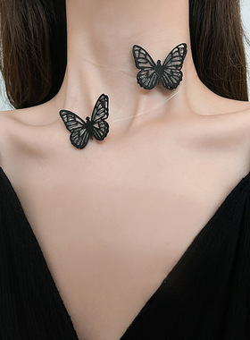 奥特莱斯撤柜黑色隐形蝴蝶项链女小众设计感项圈颈带choker冷淡风