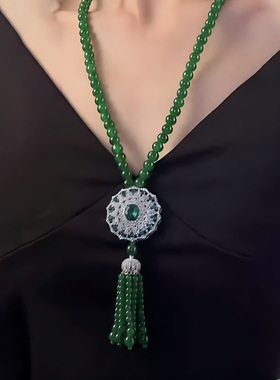 奥特莱斯撤柜感绿色玛瑙毛衣链大气高档长款国风项链女款秋冬吊坠