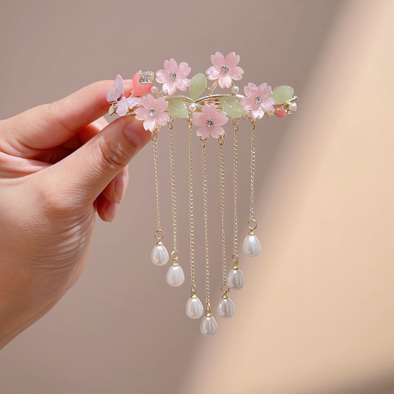 奥特莱斯超仙粉色花朵发夹古装简约流苏珍珠半扎弹簧夹发卡汉服