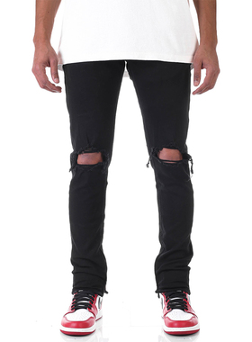 KDNK美式牛仔裤基础款修身破洞百搭纯棉微弹休闲裤直筒裤男