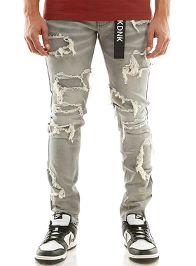 KDNK美式修身拼接毛边破洞潮流牛仔全棉微弹男裤-KND4522