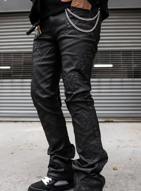 KDNK美式街头高街风黑色涂层激光绣花裤