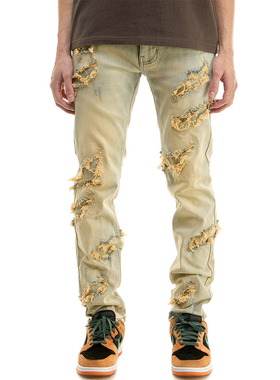 KDNK个性破洞割烂美式修身全棉微弹休闲裤牛仔裤-KND4641