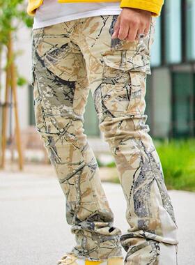 KDNK迷彩拼接立体口袋美式高街全棉微弹潮流微喇叭男裤-KNB3230