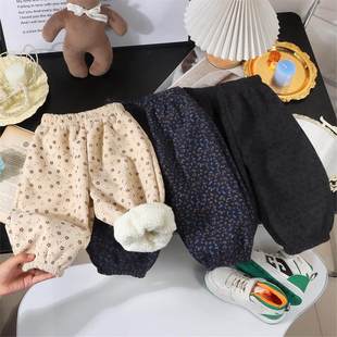 冬季A类男女童碎花加绒保暖裤豹纹儿童裤子洋气宝宝休闲裤