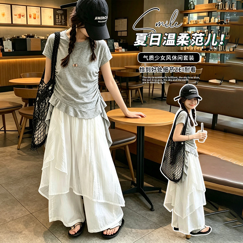 女童夏季韩系套装2026新款洋气短袖流苏T恤阔腿裤大童度假两件套6
