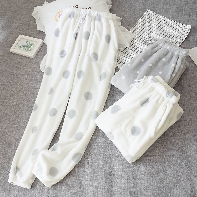 新款加厚收口法兰绒睡裤女士加绒保暖波点暖暖裤小脚束腿珊瑚绒家