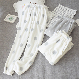 新款加厚收口法兰绒睡裤女士加绒保暖波点暖暖裤小脚束腿珊瑚绒家