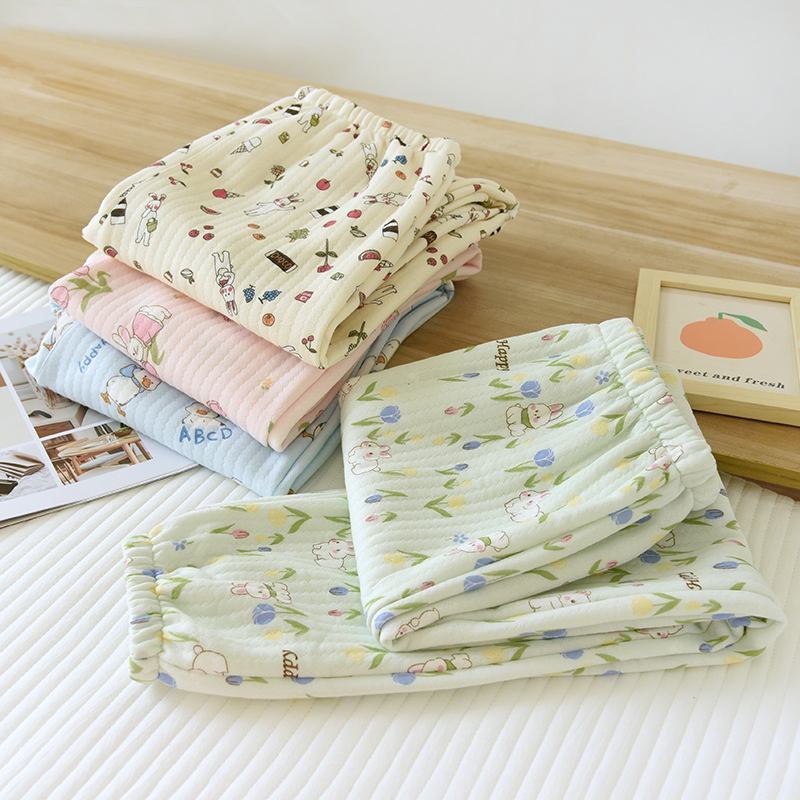 2025三层夹棉睡裤女士秋冬季保暖加厚软糯纯棉空气层长裤收口家居