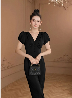 【有里布】法式夏季领短袖收腰显瘦连衣裤女气质优雅连体衣D3312