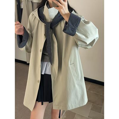 CHANOTTEL 韩系新款大衣连帽格子2025小个子休闲宽松风衣外套