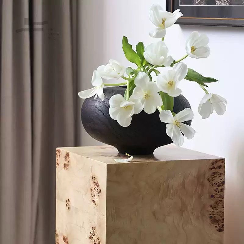 厂家销售中古风侘寂风木质碳化黑色花瓶民宿酒店售楼处装饰品摆件