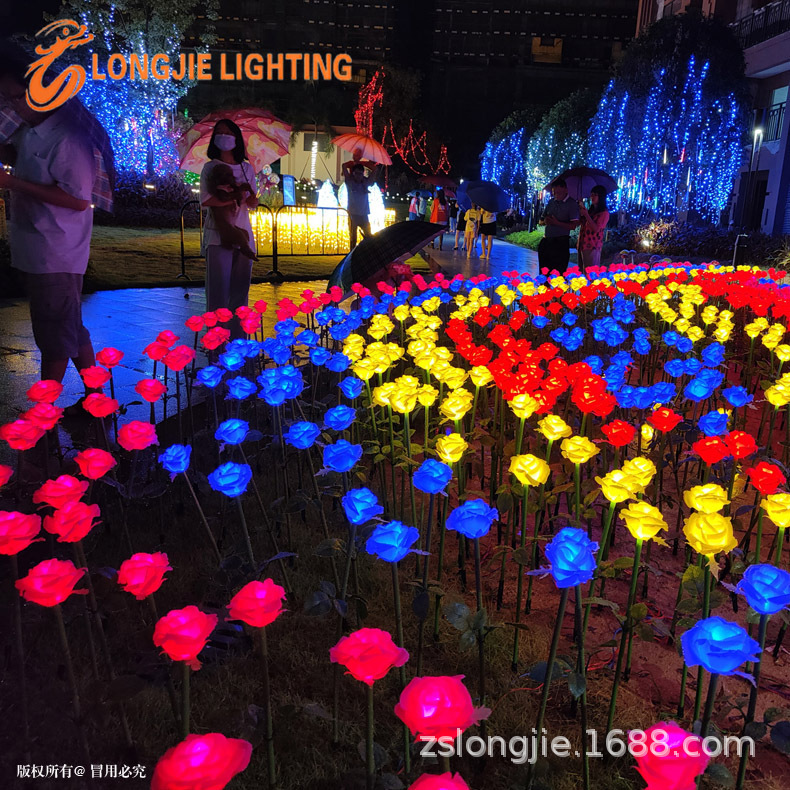 高70CM 发光LED手感玫瑰花插地灯led仿真玫瑰花户外别墅花灯