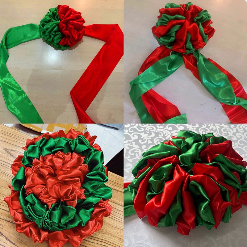 大红花球红色绸缎布彩 彩球红配绿花球拼色多色双色绣球红绿剪彩