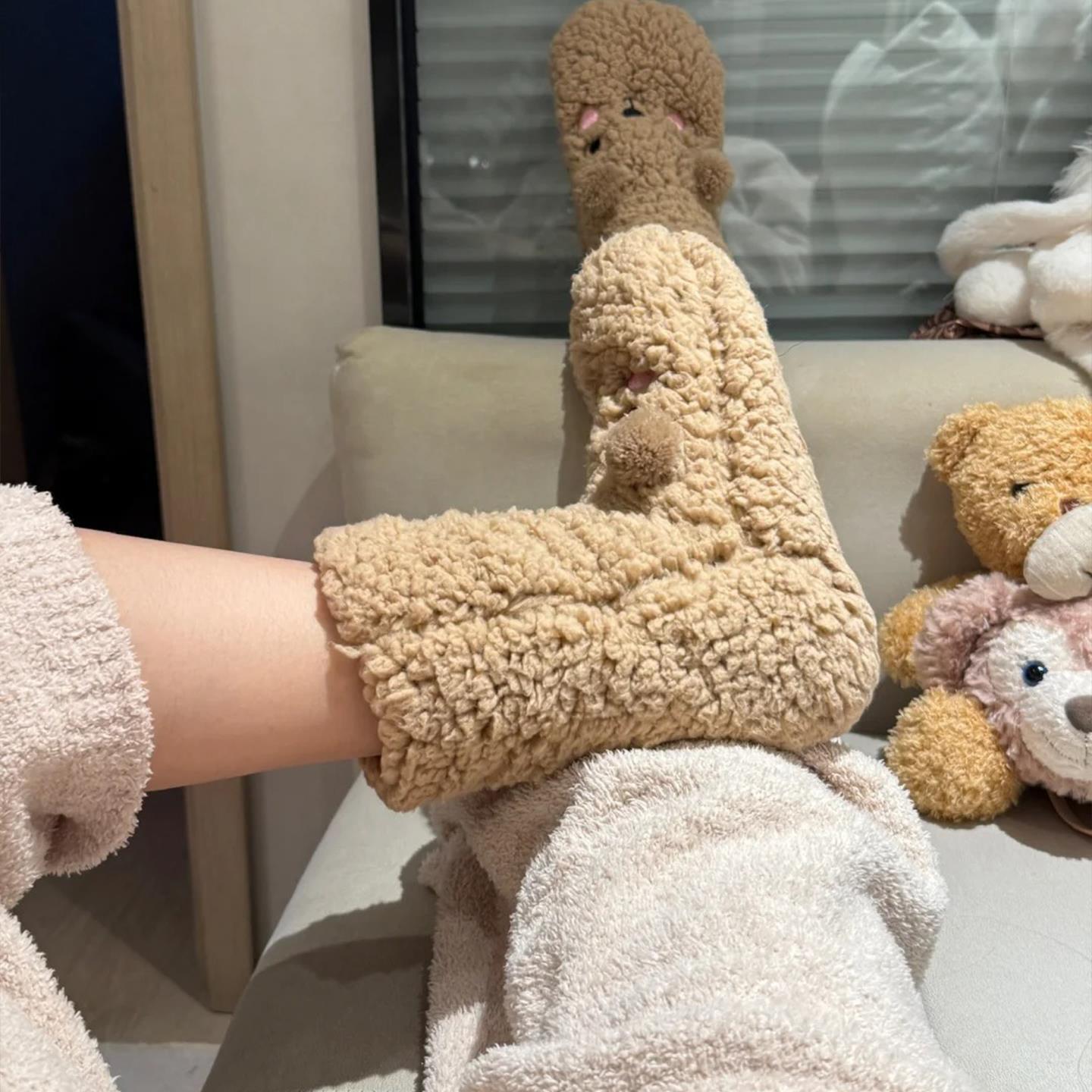 超厚小熊地板袜防滑隔凉秋冬袜子羊羔绒加厚居家防滑睡眠袜女暖脚