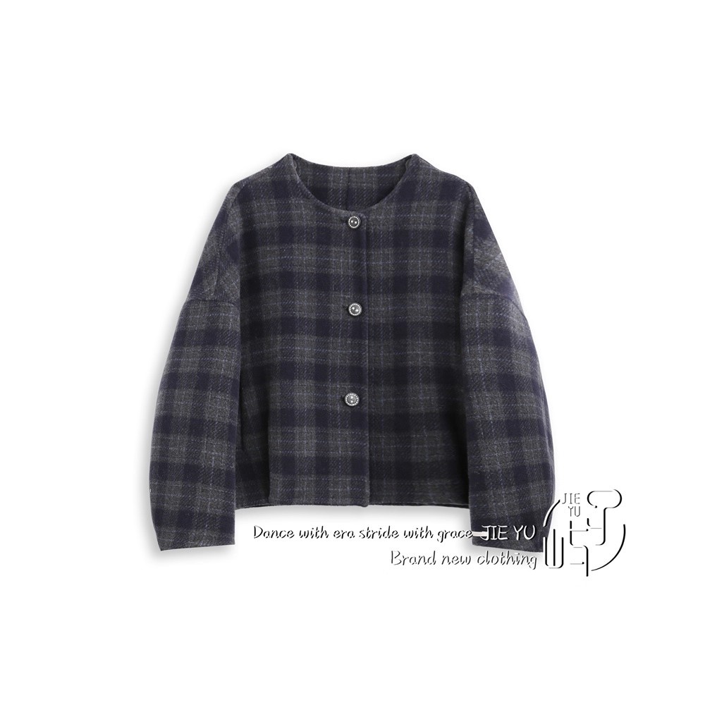 孑屿JIEYU 复古菱形格显瘦圆领大衣女外套
