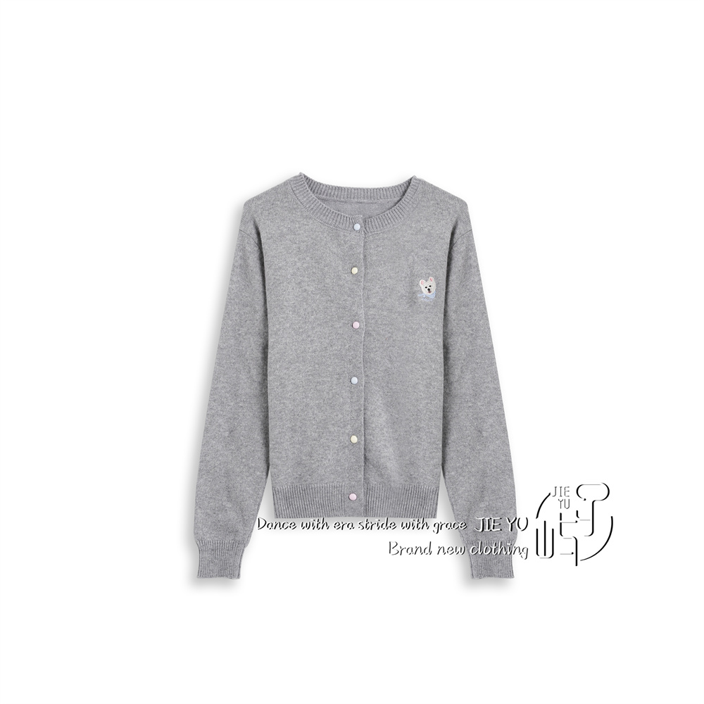 孑屿JIEYU 2025新款韩版圆领针织开衫显瘦刺绣浣熊毛衣外套